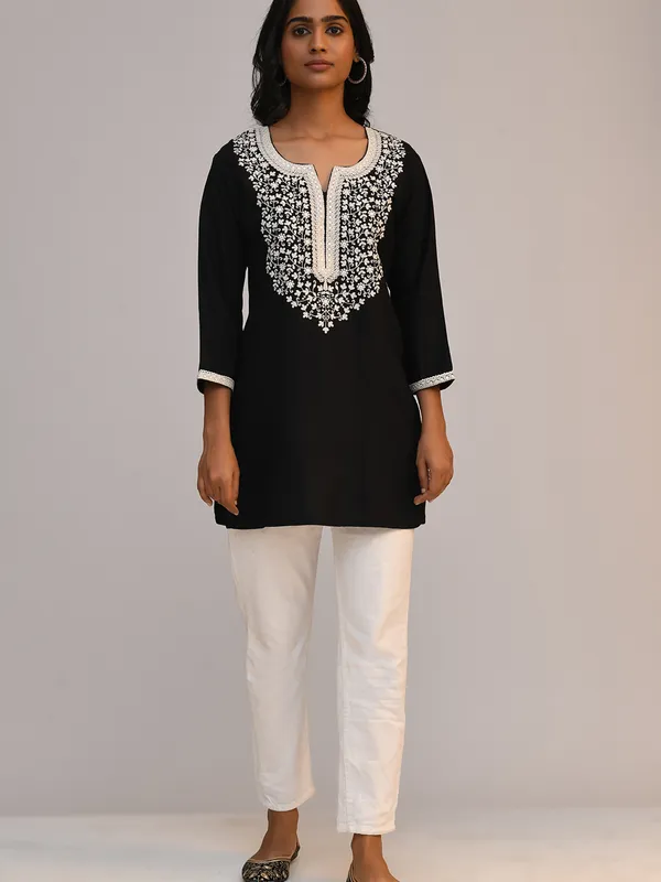 Black Embroidered Straight Top