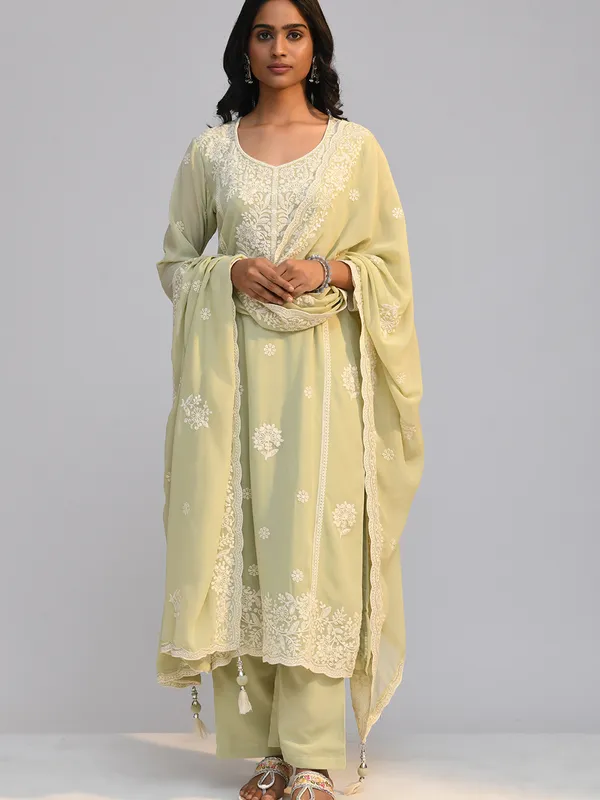 Pista Green Chikankari Straight Kurta Set