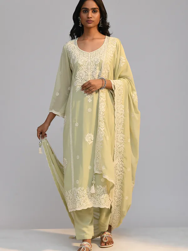 Pista Green Chikankari Straight Kurta Set