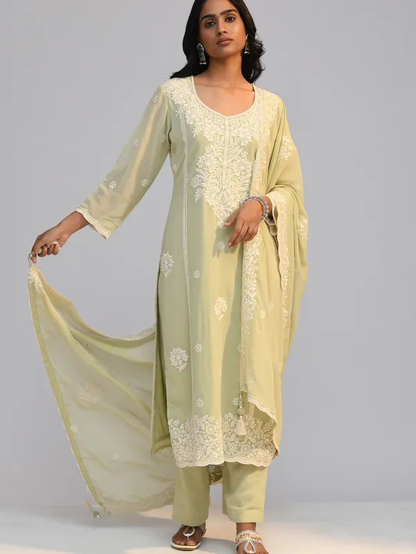 Pista Green Chikankari Straight Kurta Set