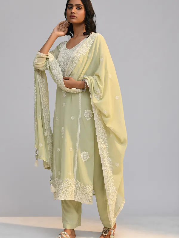 Pista Green Chikankari Straight Kurta Set