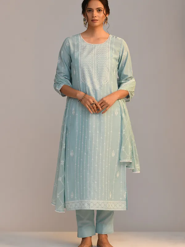 Green Printed Straight Kurta Set