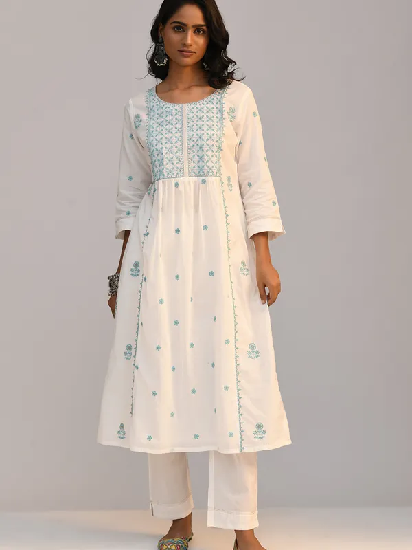 White Embroidered A Line Kurta Set