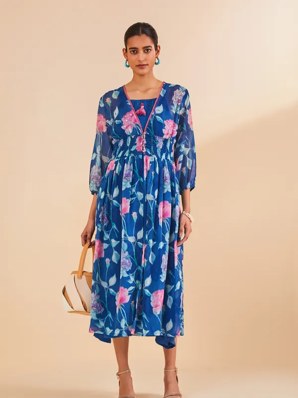 Blue Printed Flared Dress