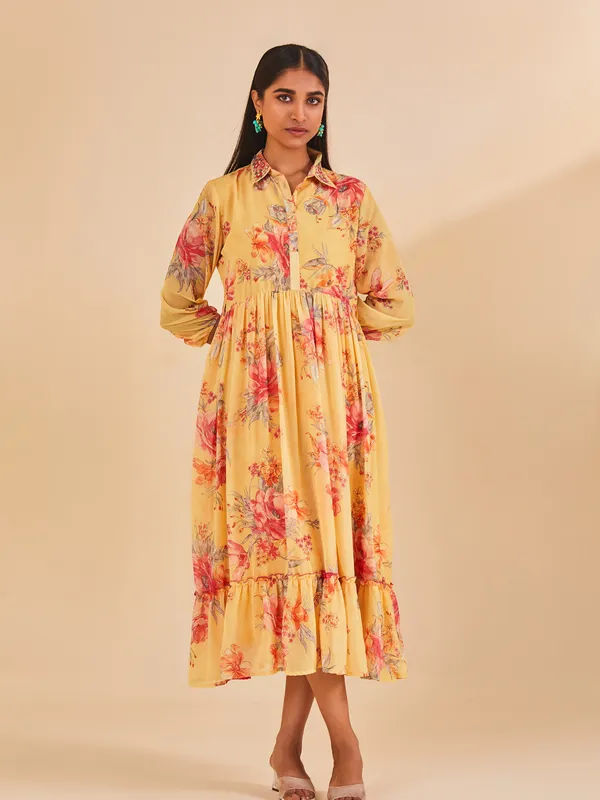 Yellow Printed Flared Dress