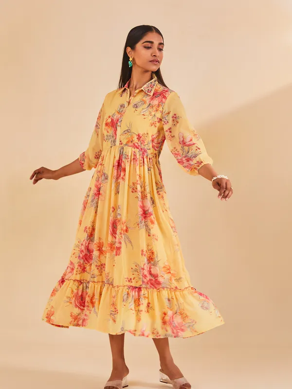 Yellow Printed Flared Dress