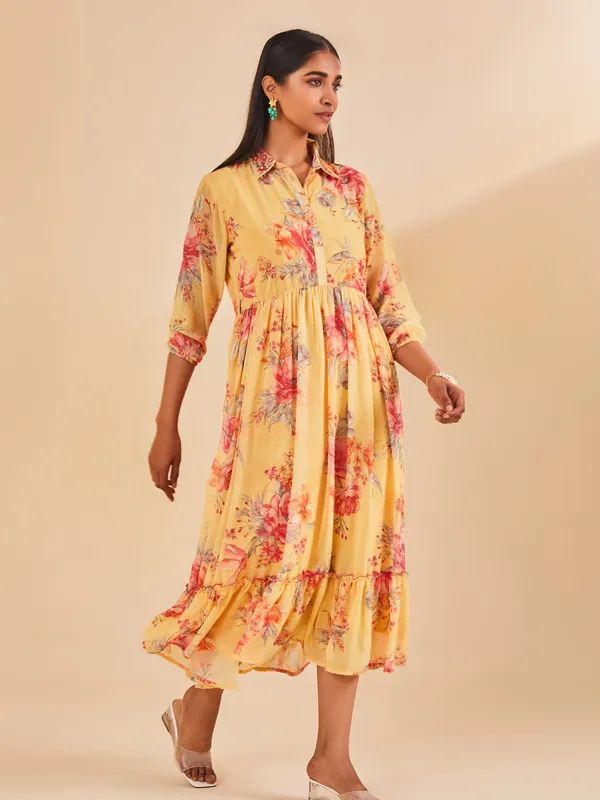 Yellow Printed Flared Dress