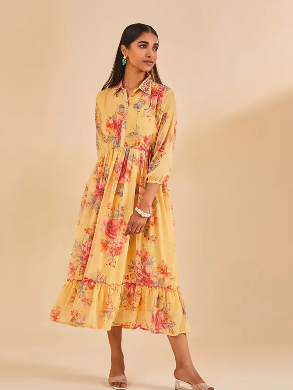 Yellow Printed Flared Dress