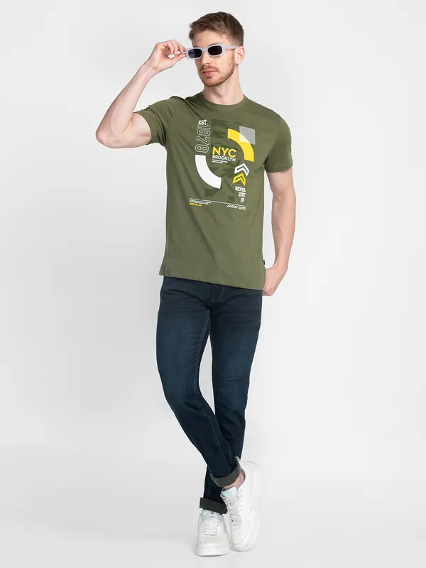 Tessio Men Mehandi Regular Fit Printed T-Shirt