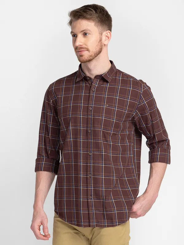Mozzo Men Coffee Slim Fit Checkered Casual Shirt