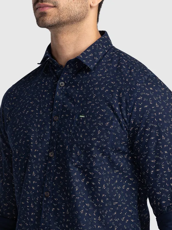 Oxemberg Men Navy Slim Fit Printed Casual Shirt