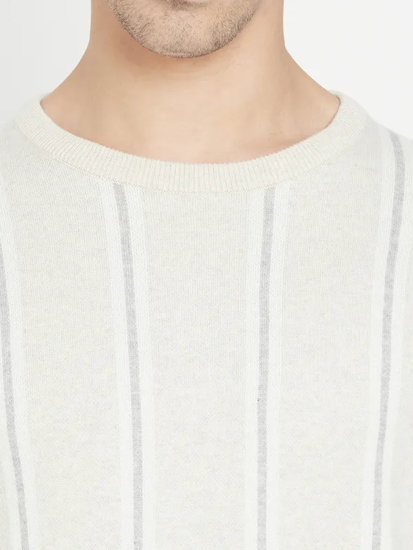 Cream-Coloured Striped Cotton Full Sleeve Pullover Sweater