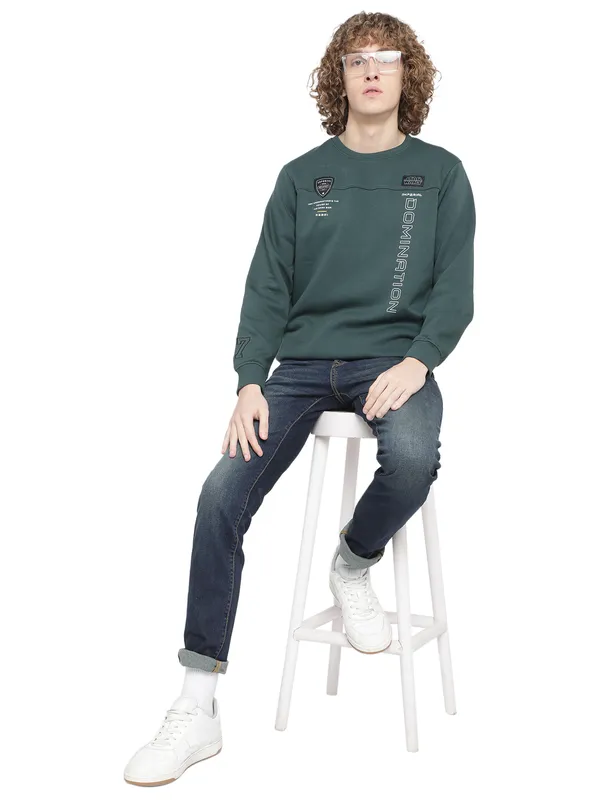 Octave Men Green Solid Fleece Sweatshirt