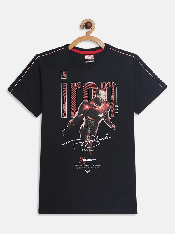 Octave Boys Navy Blue Typography Iron Man Printed V-Neck Applique T-shirt