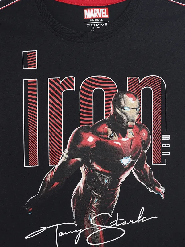 Octave Boys Navy Blue Typography Iron Man Printed V-Neck Applique T-shirt