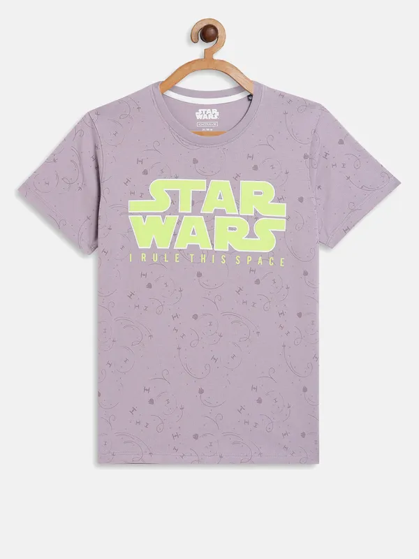 Octave Boys Purple Typography Star Wars Printed Applique T-shirt