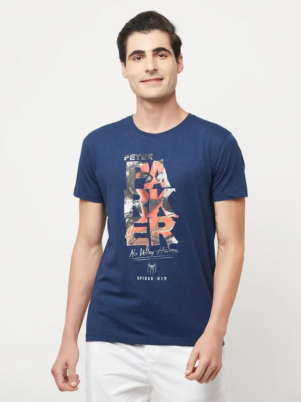 Octave Men Navy Blue Typography Spider-Man Printed Cotton T-shirt