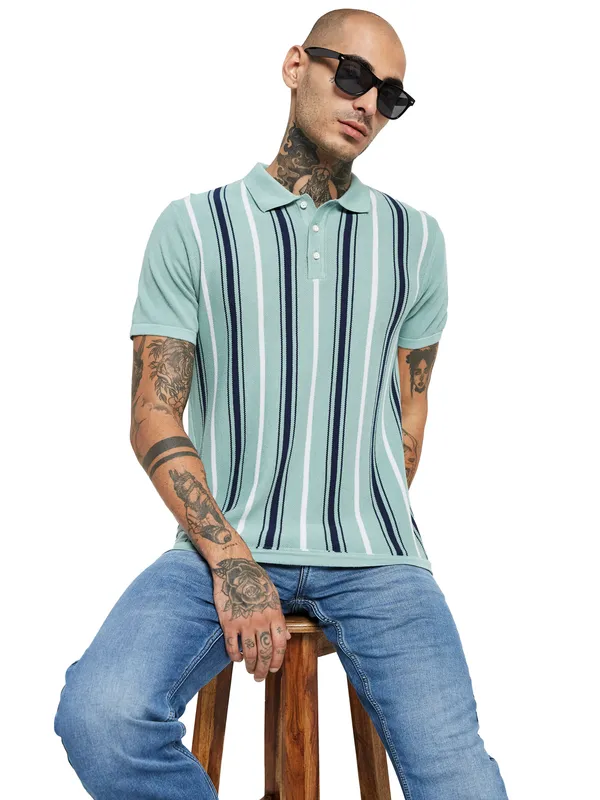 METTLE Striped Polo Collar Cotton Regular Fit Casual T-shirt