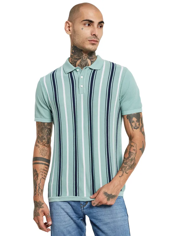 METTLE Striped Polo Collar Cotton Regular Fit Casual T-shirt