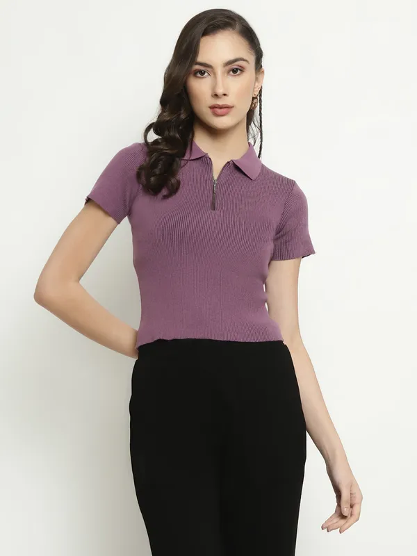 METTLE Women Purple High Neck Pockets T-shirt