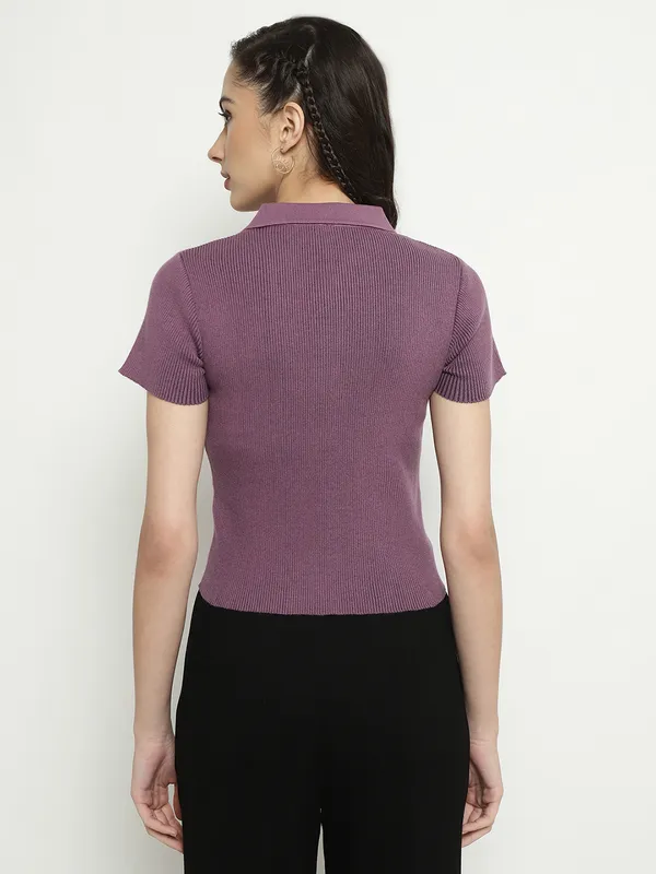 METTLE Women Purple High Neck Pockets T-shirt