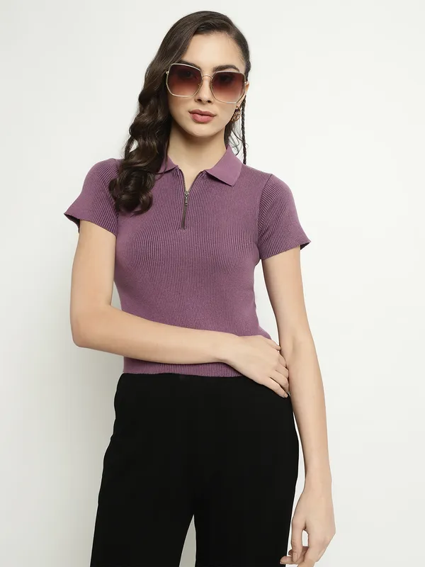 METTLE Women Purple High Neck Pockets T-shirt