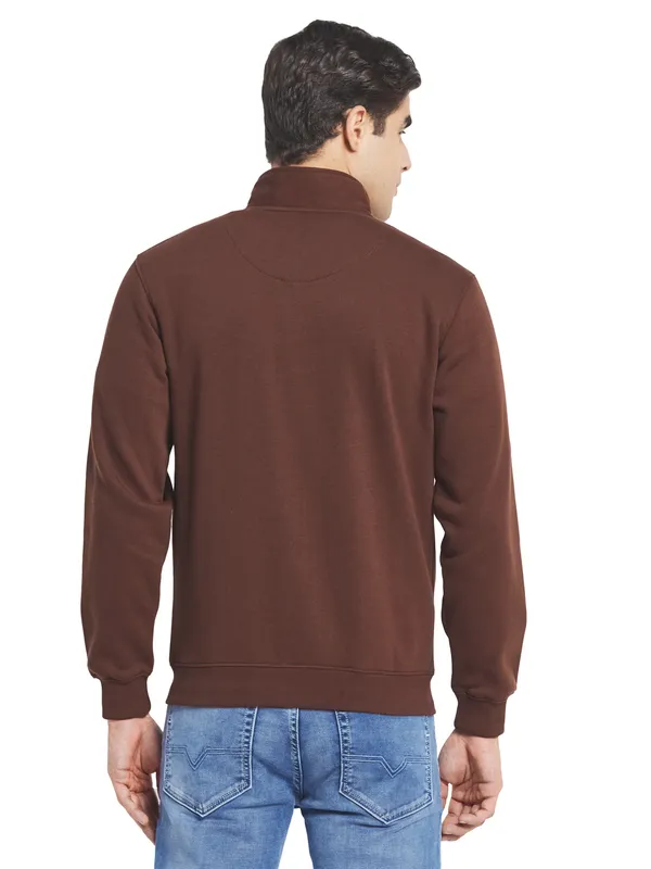 Octave Men Brown Solid Fleece Front-Open Sweatshirt