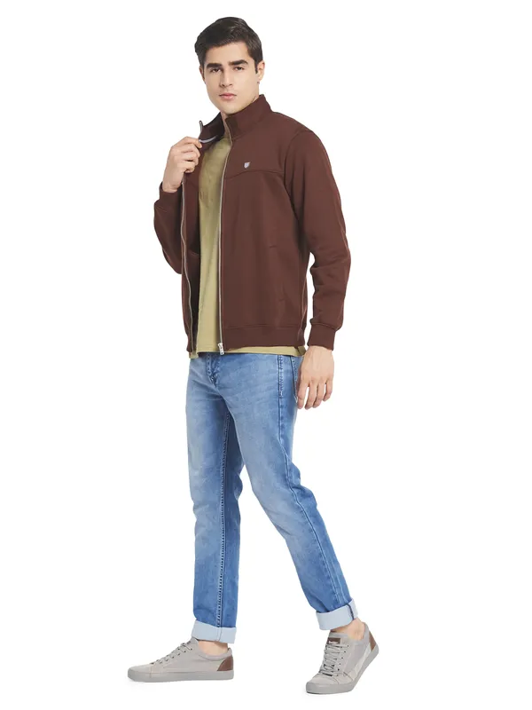 Octave Men Brown Solid Fleece Front-Open Sweatshirt