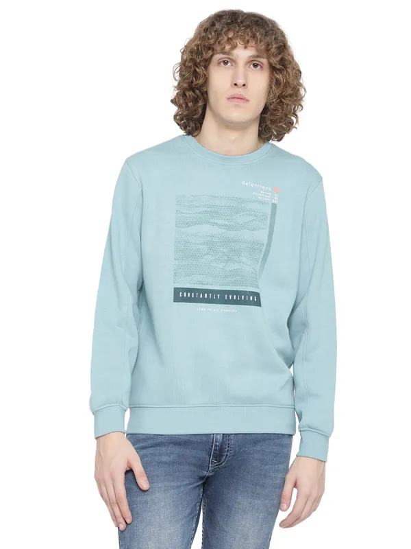 Octave Men Plus Size Blue Fleece Printed Sweatshirt