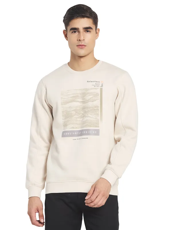 Octave Men Off White Printed Fleece Round Neck Sweatshirt