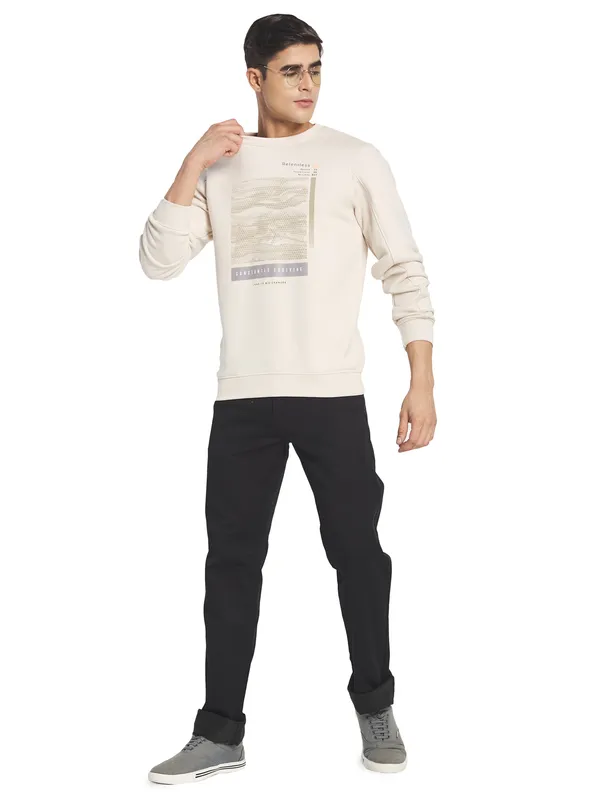 Octave Men Off White Printed Fleece Round Neck Sweatshirt