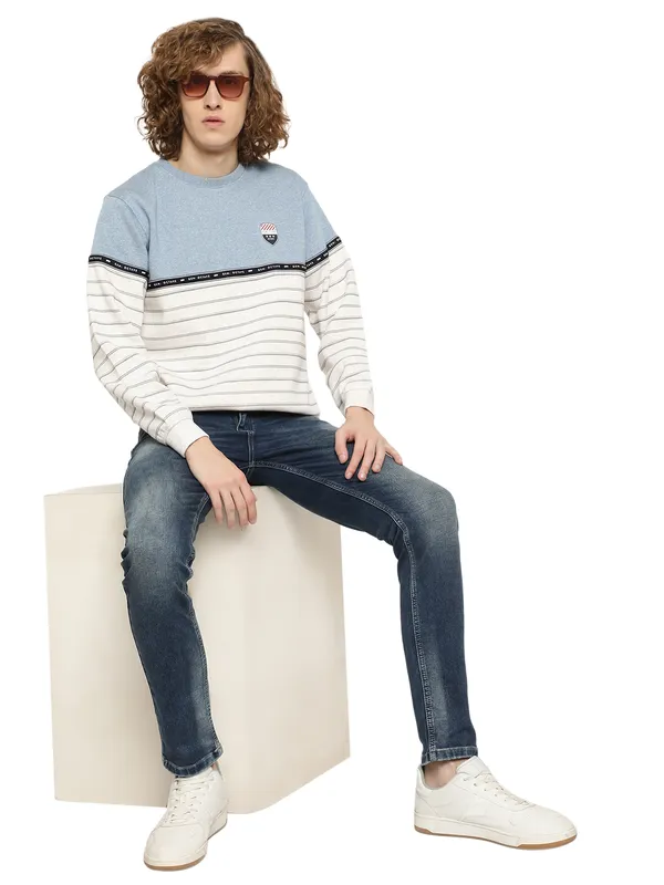 Octave Men Blue Striped Fleece Sweatshirt