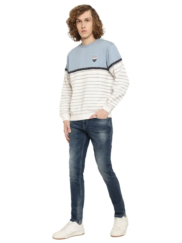 Octave Men Blue Striped Fleece Sweatshirt