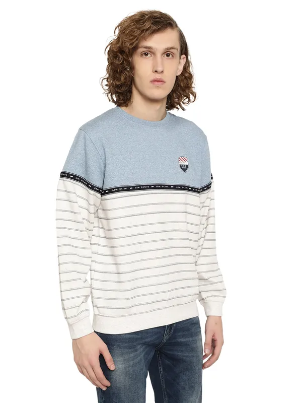 Octave Men Blue Striped Fleece Sweatshirt