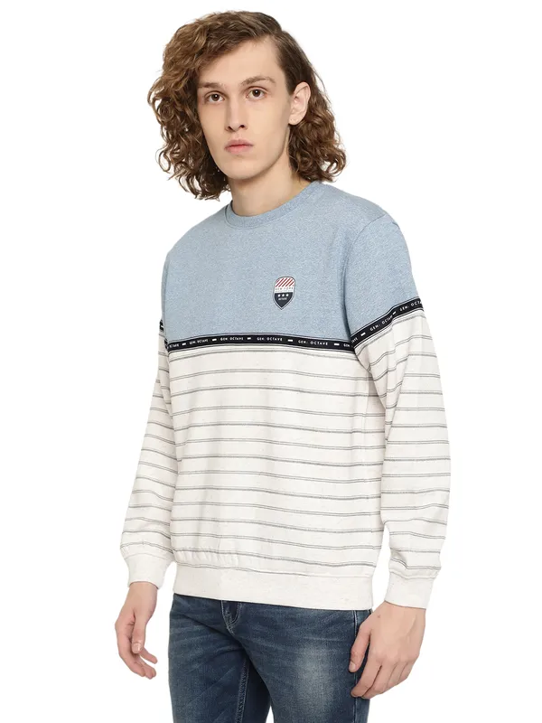 Octave Men Blue Striped Fleece Sweatshirt