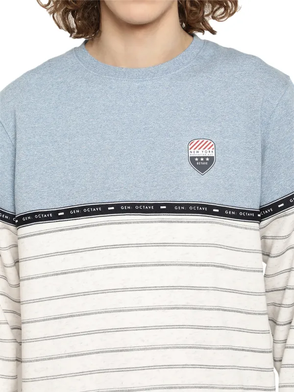 Octave Men Blue Striped Fleece Sweatshirt