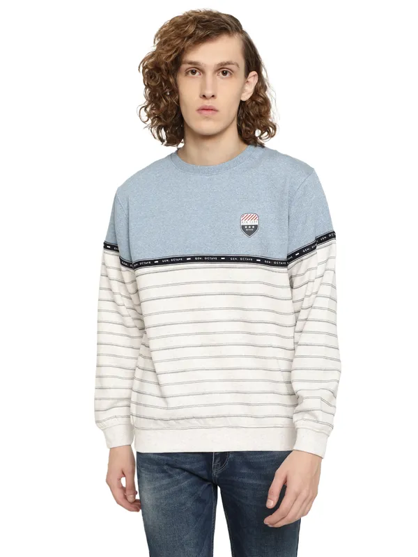 Octave Men Blue Striped Fleece Sweatshirt