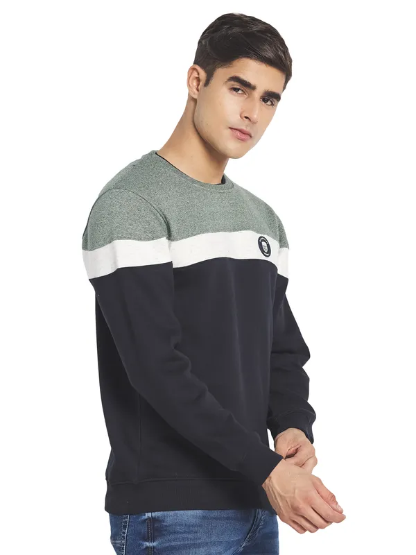 Octave Men Navy  Blue Colourblocked Fleece Sweatshirt