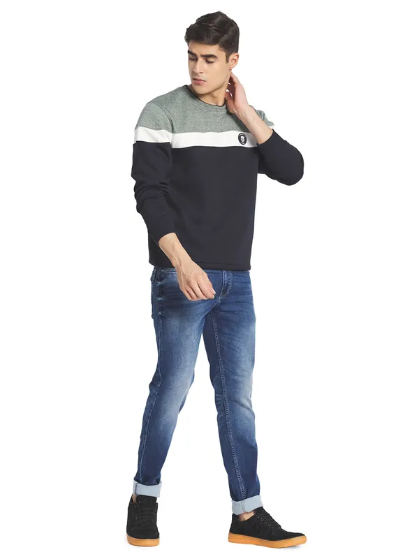 Octave Men Navy  Blue Colourblocked Fleece Sweatshirt