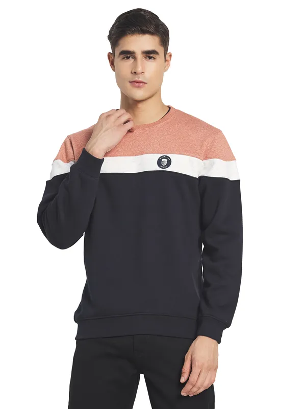 Octave Men Navy Blue Colourblocked Fleece Sweatshirt