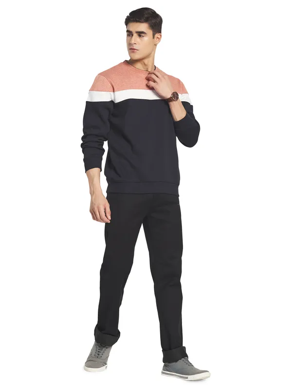 Octave Men Navy Blue Colourblocked Fleece Sweatshirt