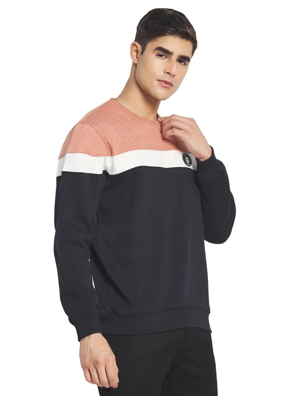 Octave Men Navy Blue Colourblocked Fleece Sweatshirt