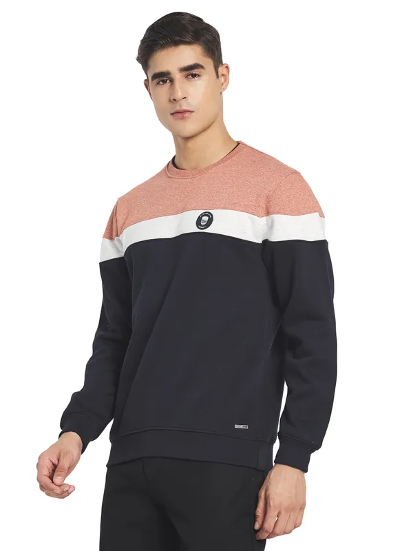 Octave Men Navy Blue Colourblocked Fleece Sweatshirt