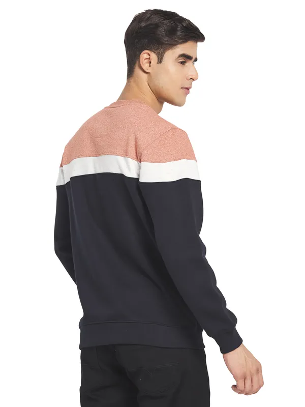 Octave Men Navy Blue Colourblocked Fleece Sweatshirt