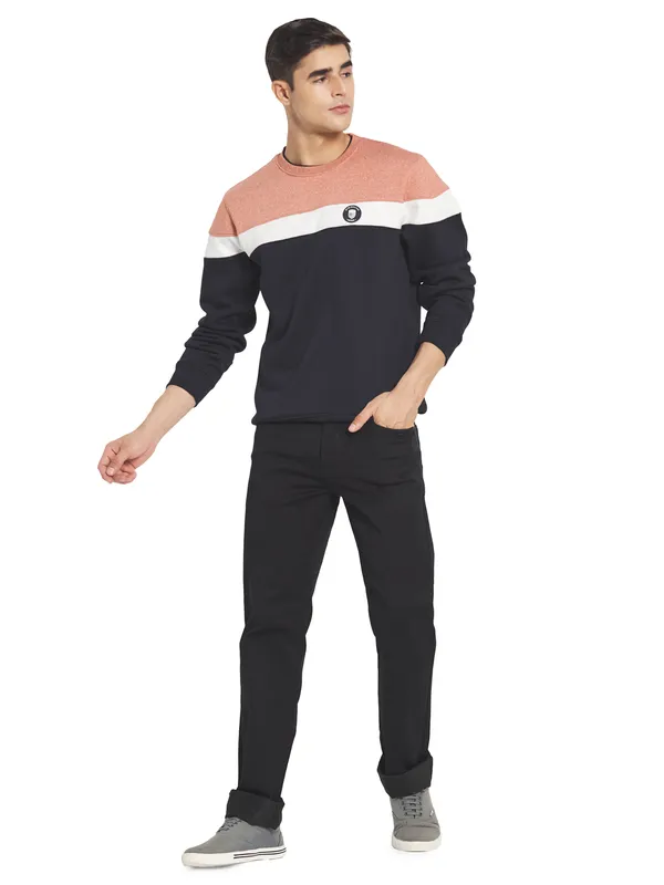 Octave Men Navy Blue Colourblocked Fleece Sweatshirt