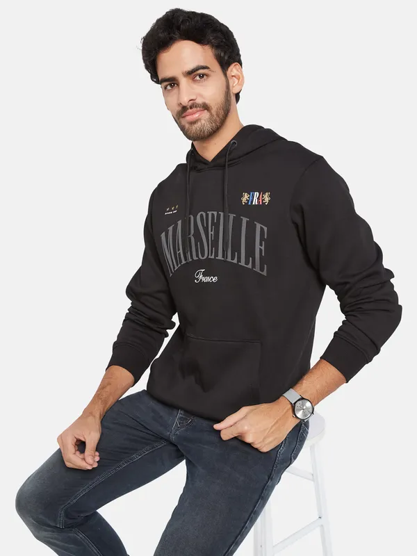 Octave Men Black Printed Hooded Sweatshirt