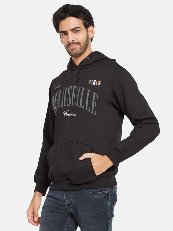 Octave Men Black Printed Hooded Sweatshirt