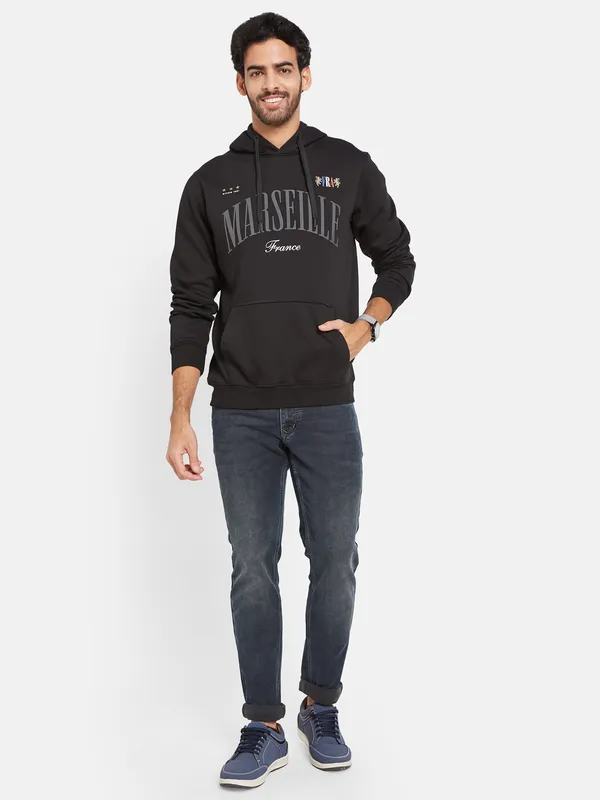 Octave Men Black Printed Hooded Sweatshirt