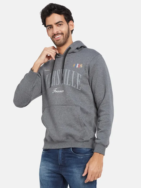 Octave Men Grey Printed Hooded Sweatshirt