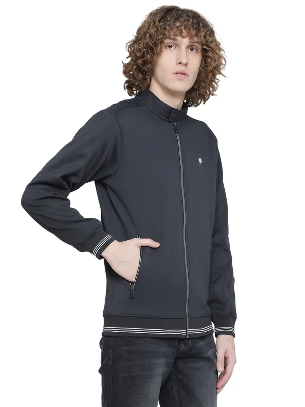 Octave Men Navy Blue Solid Fleece Sweatshirt